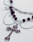Layered Gothic Cross Necklace Purple Beads Star Charms Barbed Wire Choker