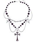 Layered Gothic Cross Necklace Purple Beads Star Charms Barbed Wire Choker