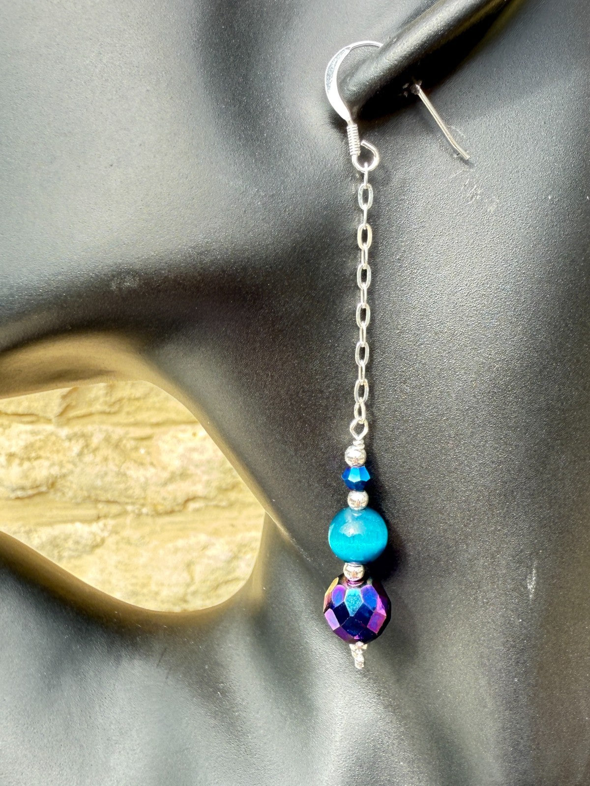 Vintage Crystal Sterling Silver Earrings Long Earrings Cats Eye Earrings