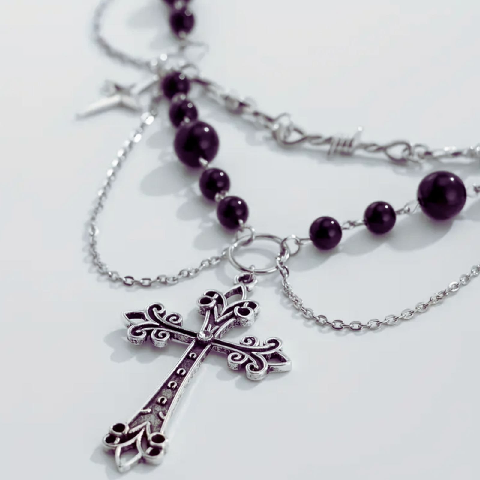Layered Gothic Cross Necklace Purple Beads Star Charms Barbed Wire Choker