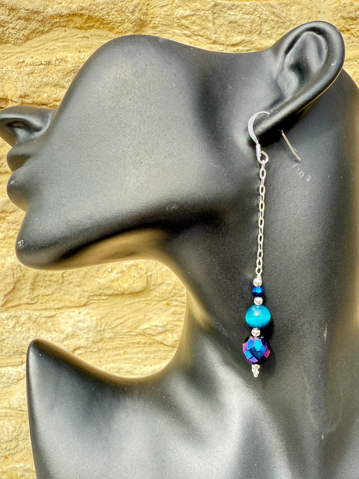 Vintage Crystal Sterling Silver Earrings Long Earrings Cats Eye Earrings