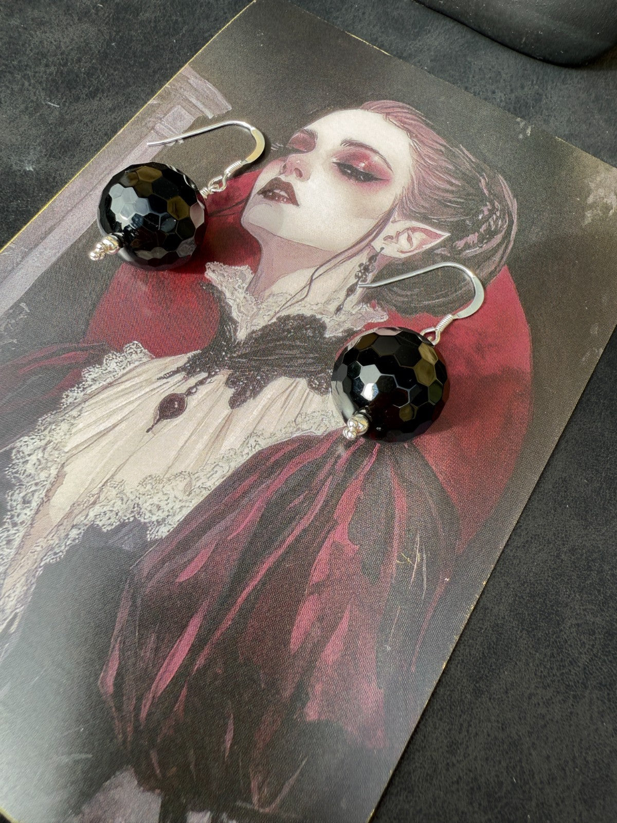 Gothic Jewellery Sterling Silver Earrings Vintage Glass Black Earrings Large 925