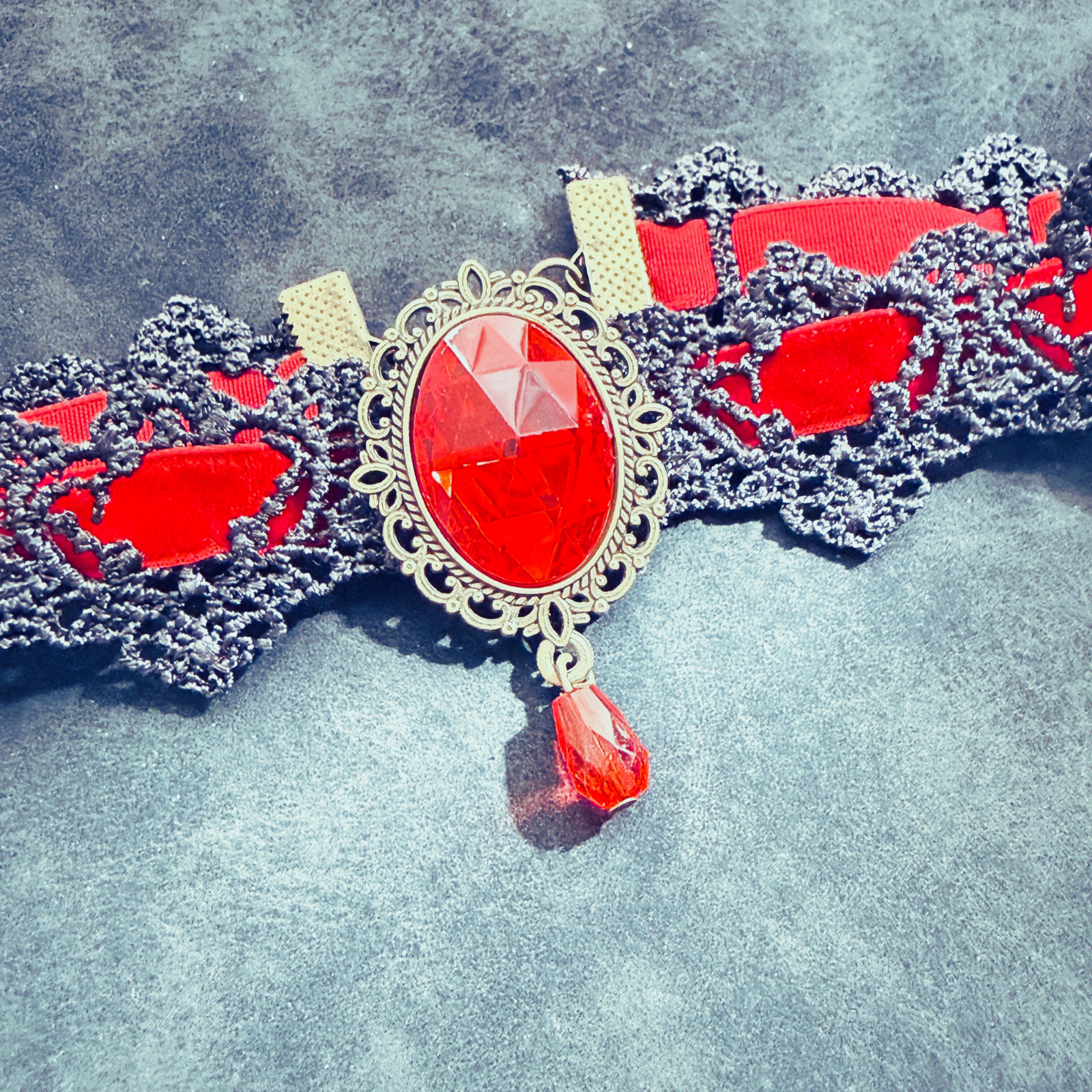 Bloodline Gothic Choker | Black Lace & Red Gem Vampire Necklace