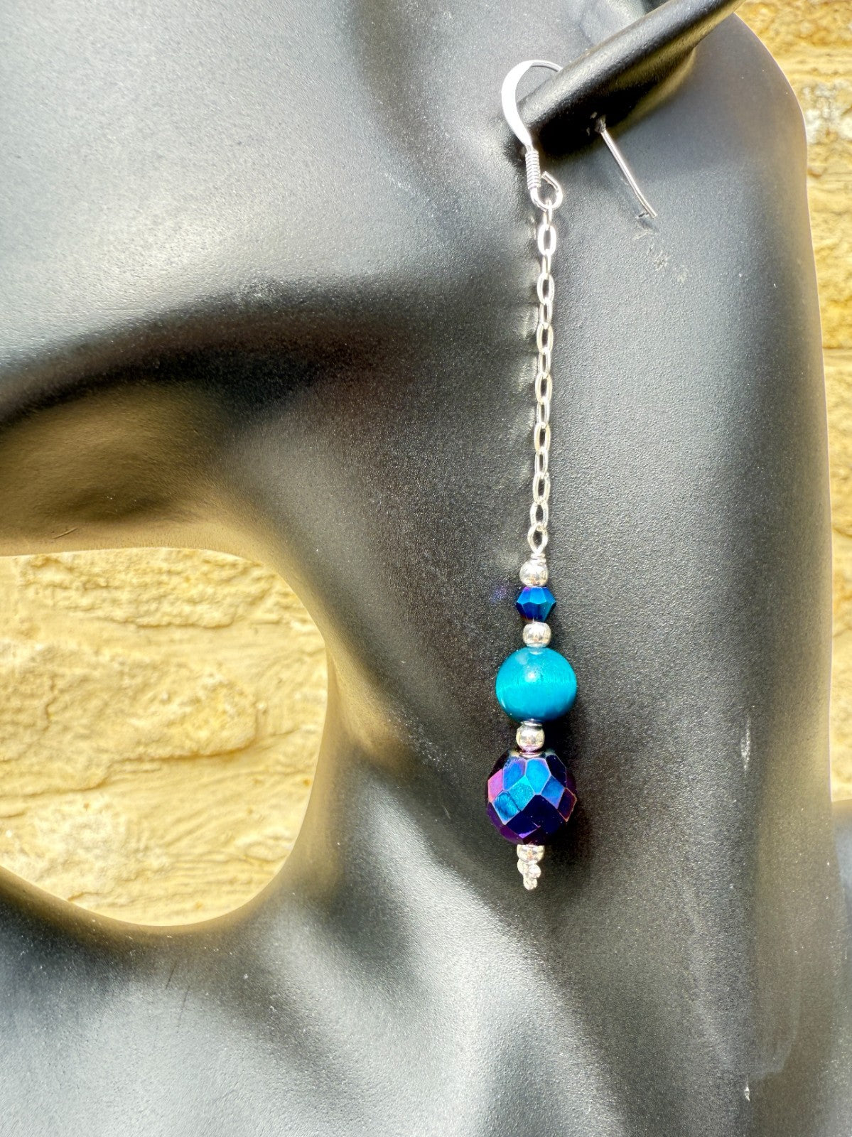 Vintage Crystal Sterling Silver Earrings Long Earrings Cats Eye Earrings