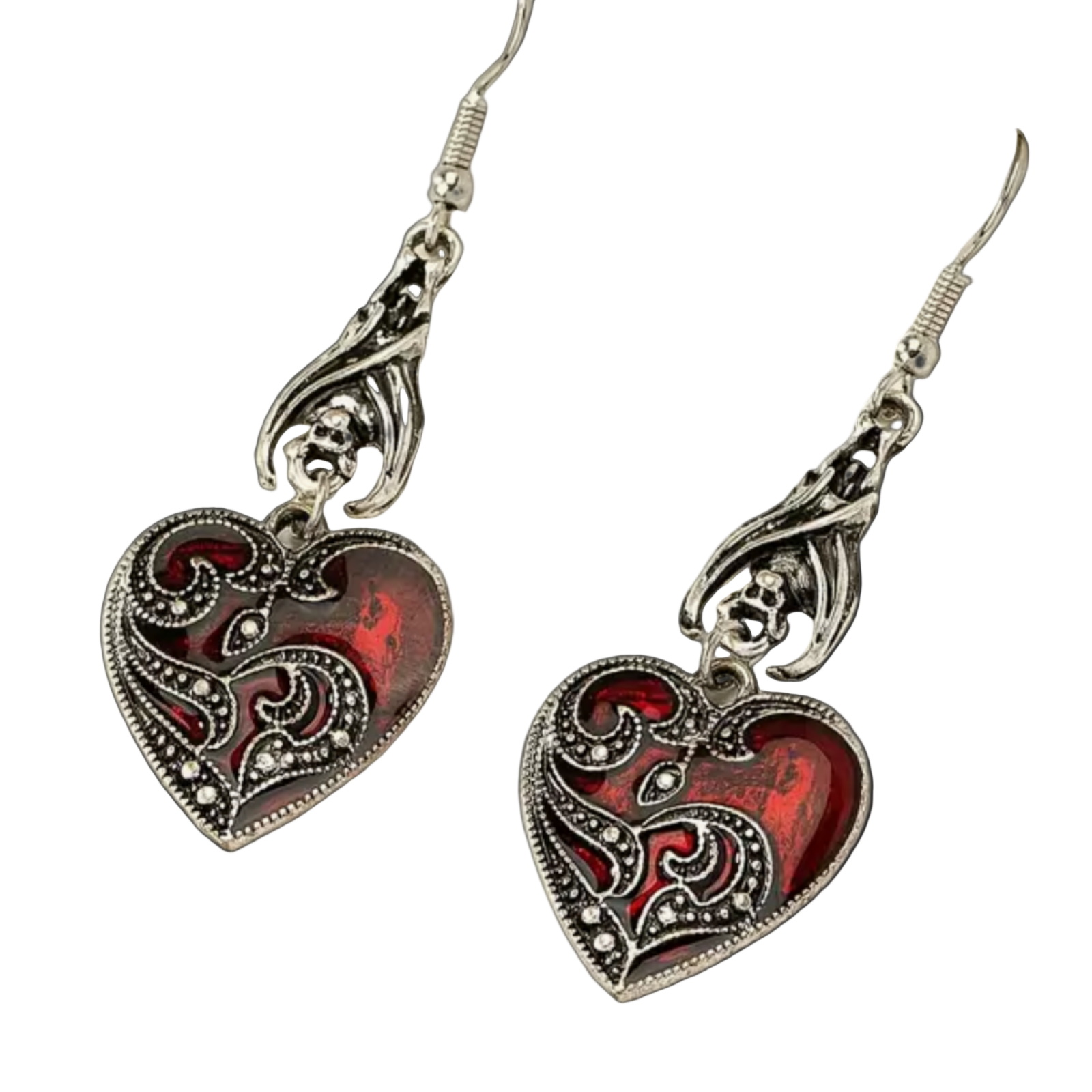 Gothic Red Heart Drop Earrings Vampirecore Bats Alt Emo Gift Jewellery