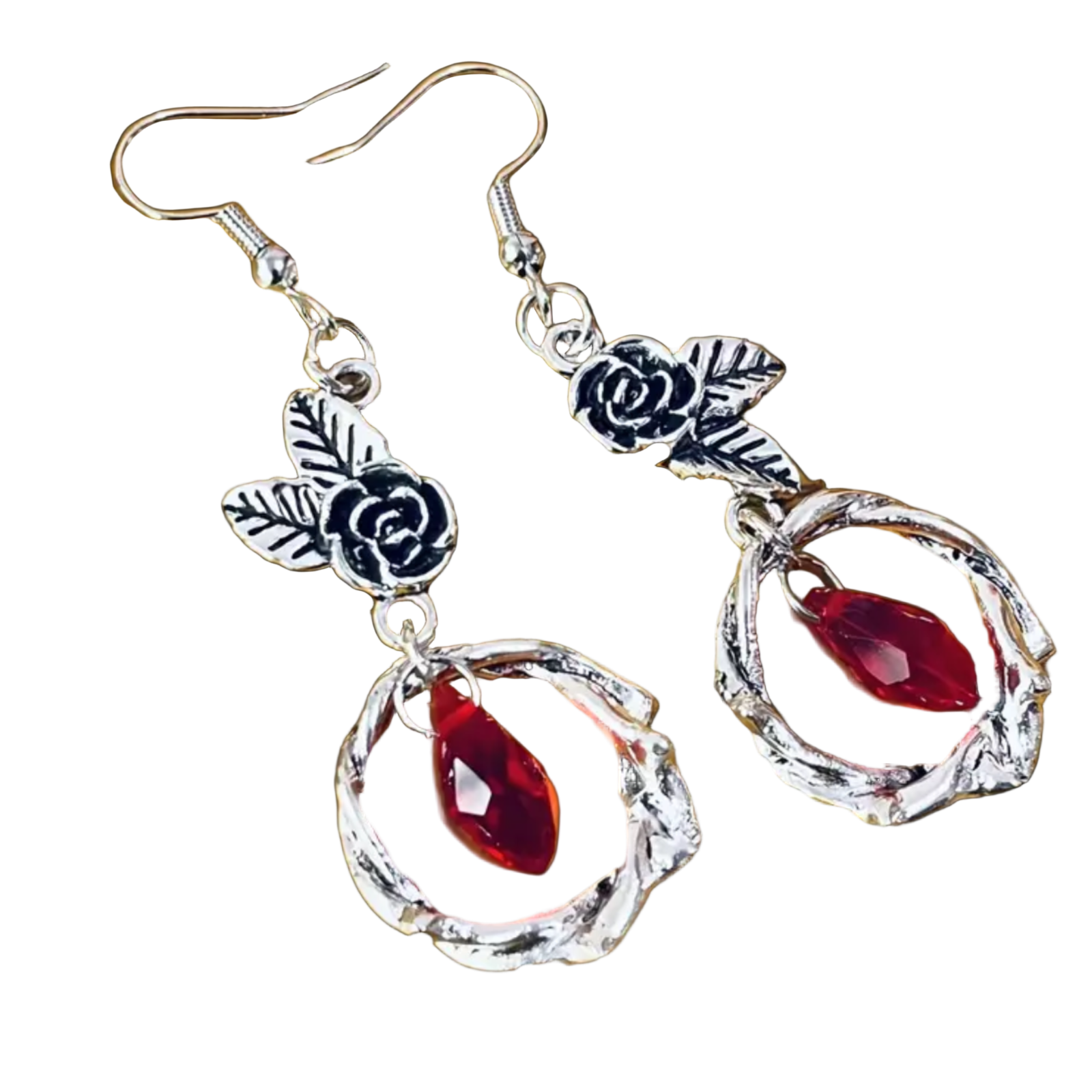 Gothic Rose Thorn Earrings with Red Crystal Drop Witchy Vampire Vibes