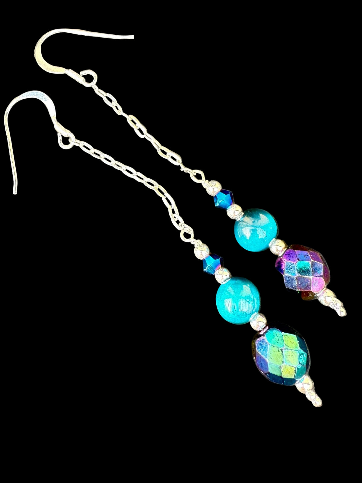 Vintage Crystal Sterling Silver Earrings Long Earrings Cats Eye Earrings