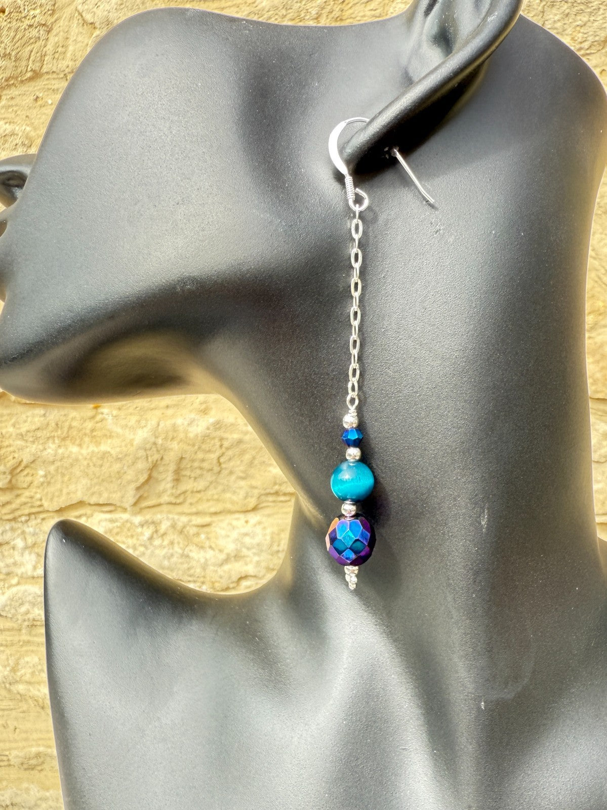 Vintage Crystal Sterling Silver Earrings Long Earrings Cats Eye Earrings