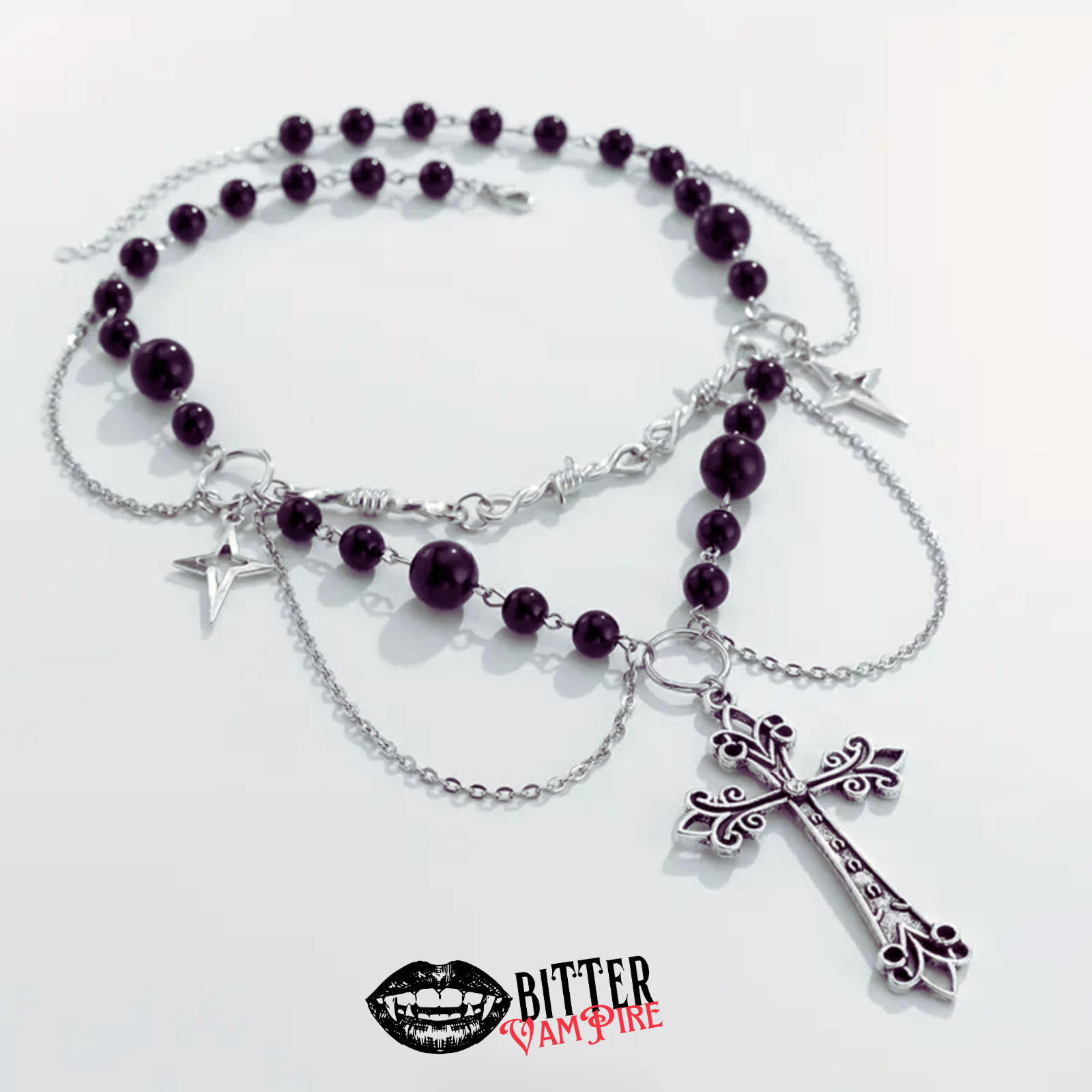 Layered Gothic Cross Necklace Purple Beads Star Charms Barbed Wire Choker