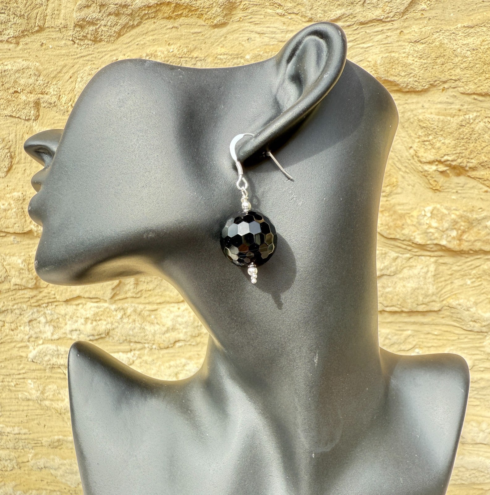 Gothic Jewellery Sterling Silver Earrings Vintage Glass Black Earrings Large 925
