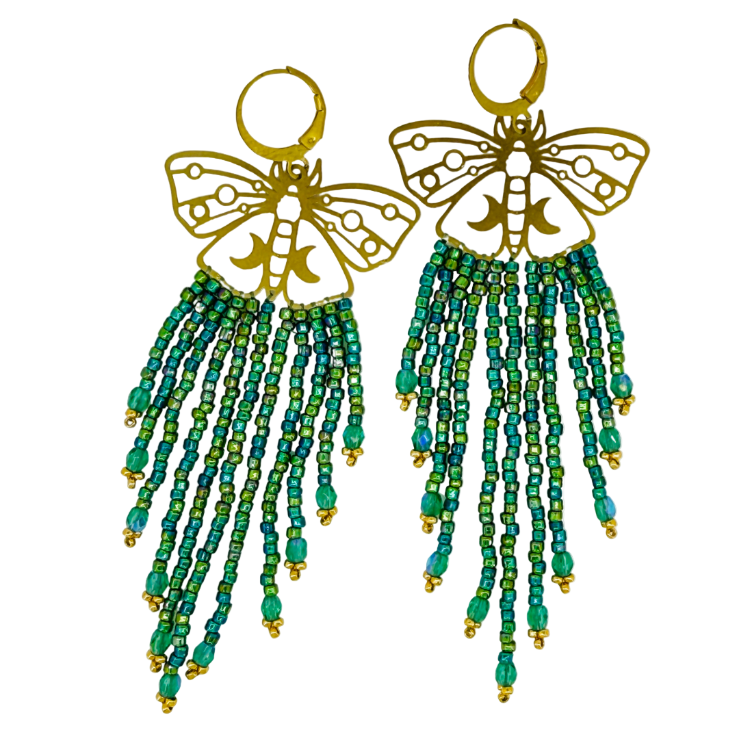 Moth Earrings with Green Glass Beads - Your New Fave Mystical Statement Piece