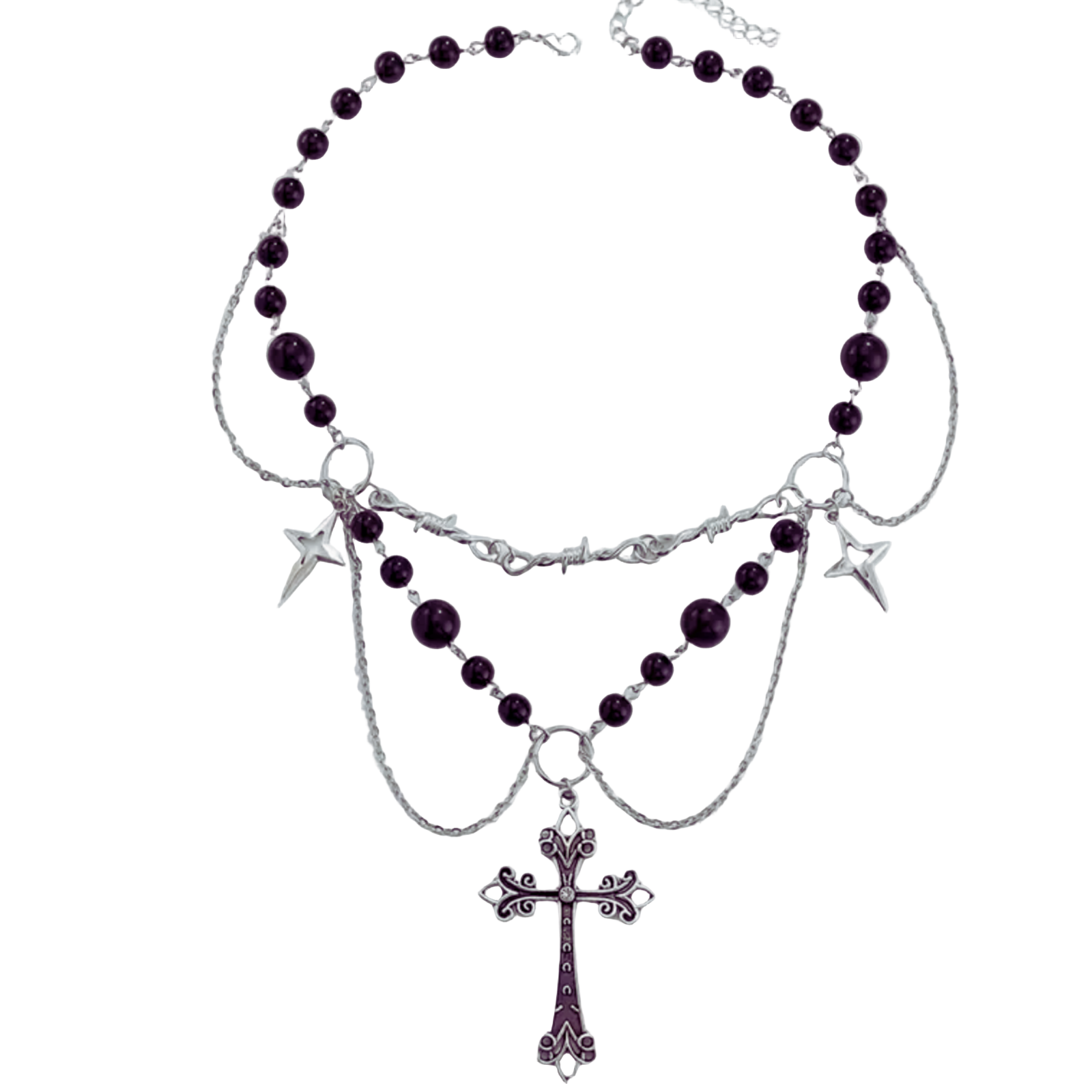 Layered Gothic Cross Necklace Purple Beads Star Charms Barbed Wire Choker