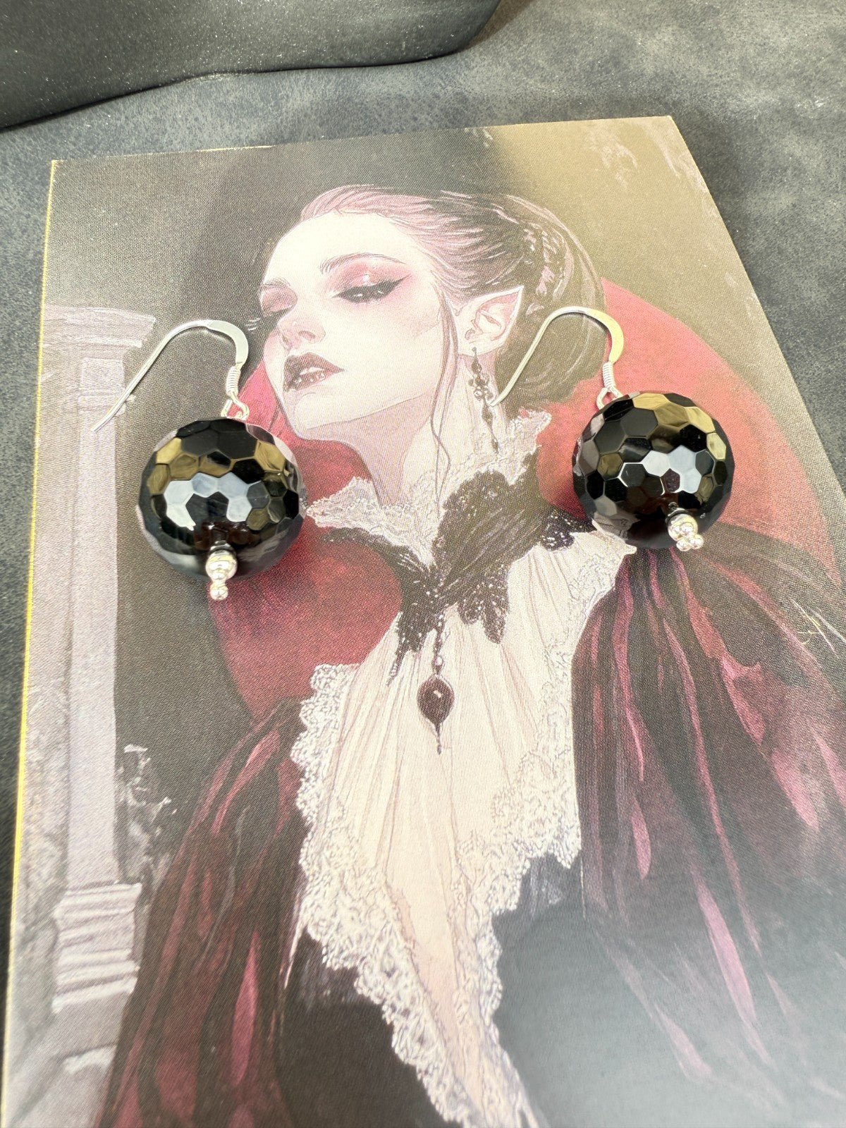 Gothic Jewellery Sterling Silver Earrings Vintage Glass Black Earrings Large 925