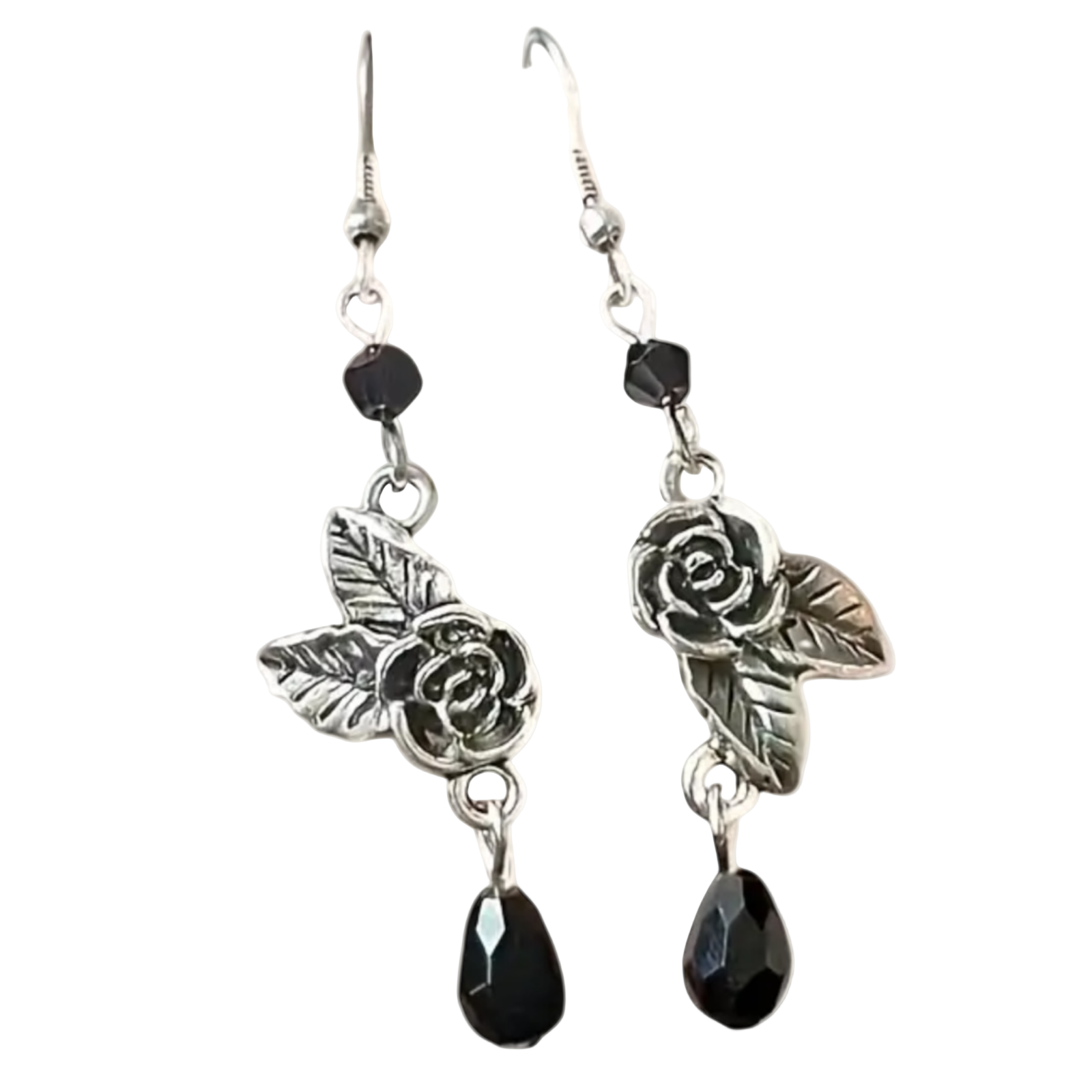 Gothic Rose Drop Earrings Silver & Black Dangle Jewellery Alt Aesthetic