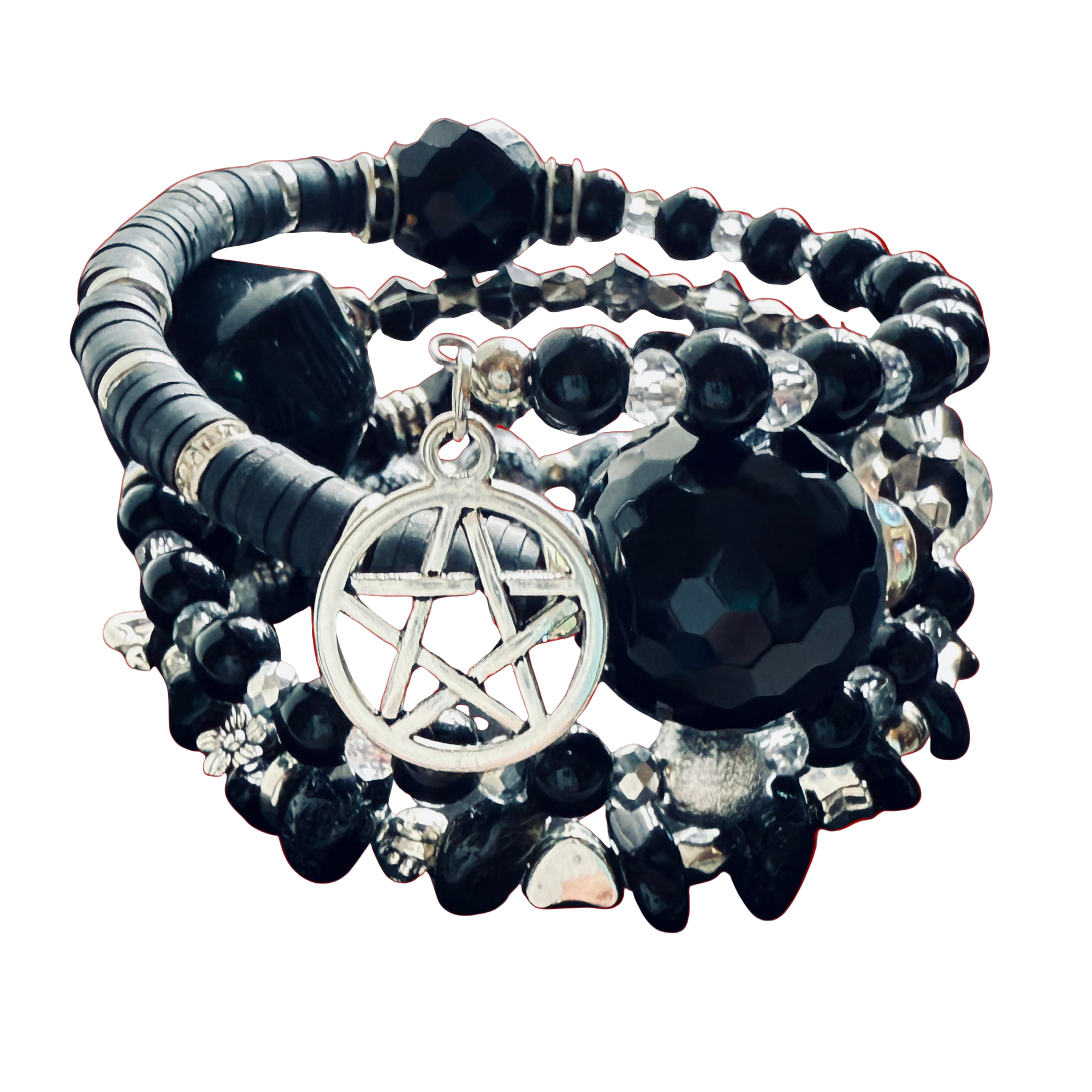 Black beaded bracelet with silver pentagram charm on a red background